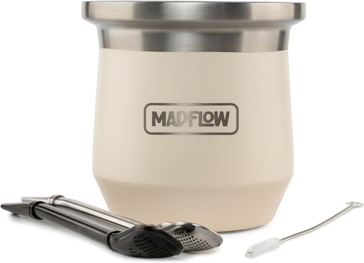 Copa de Yerba Mate MADFLOW. Mate de Acero Inoxidable con 2 Bombillas. Calabaza Yerba Mate con aislamiento al vacío de doble pared. Juego único de taza mate y bombilla
