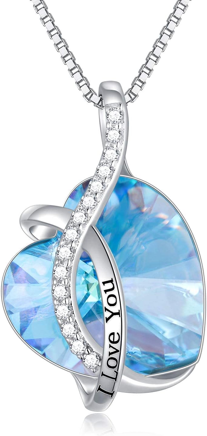 AOBOCO I Love You Sterling Silver 12 Birthstone Heart Pendant Necklace Embellished with Crystals from Austria, Mother's Day Anniversary Birthday Jewelry Christmas Gifts for Women Grandma Nana