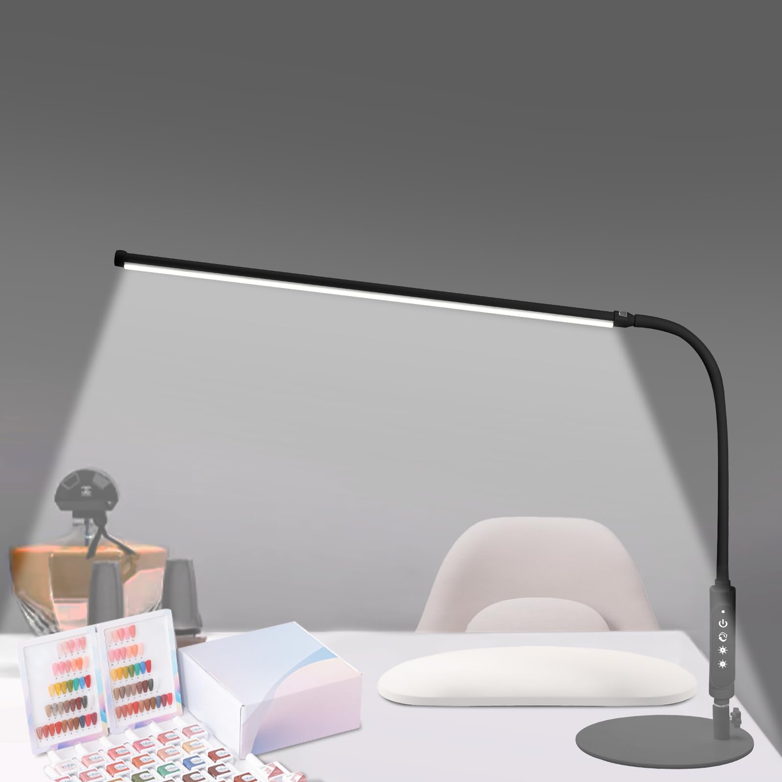 CGBE 60cm Lampada da Tavolo per Unghie LED 18W per Onicotecnico Nero | 360° Flessibile Lampada da Scrivania, Tocca Controllo, 3 Modalità 5 Luminosità Dimmerabile per Manicure Lettura Studio Lavoro