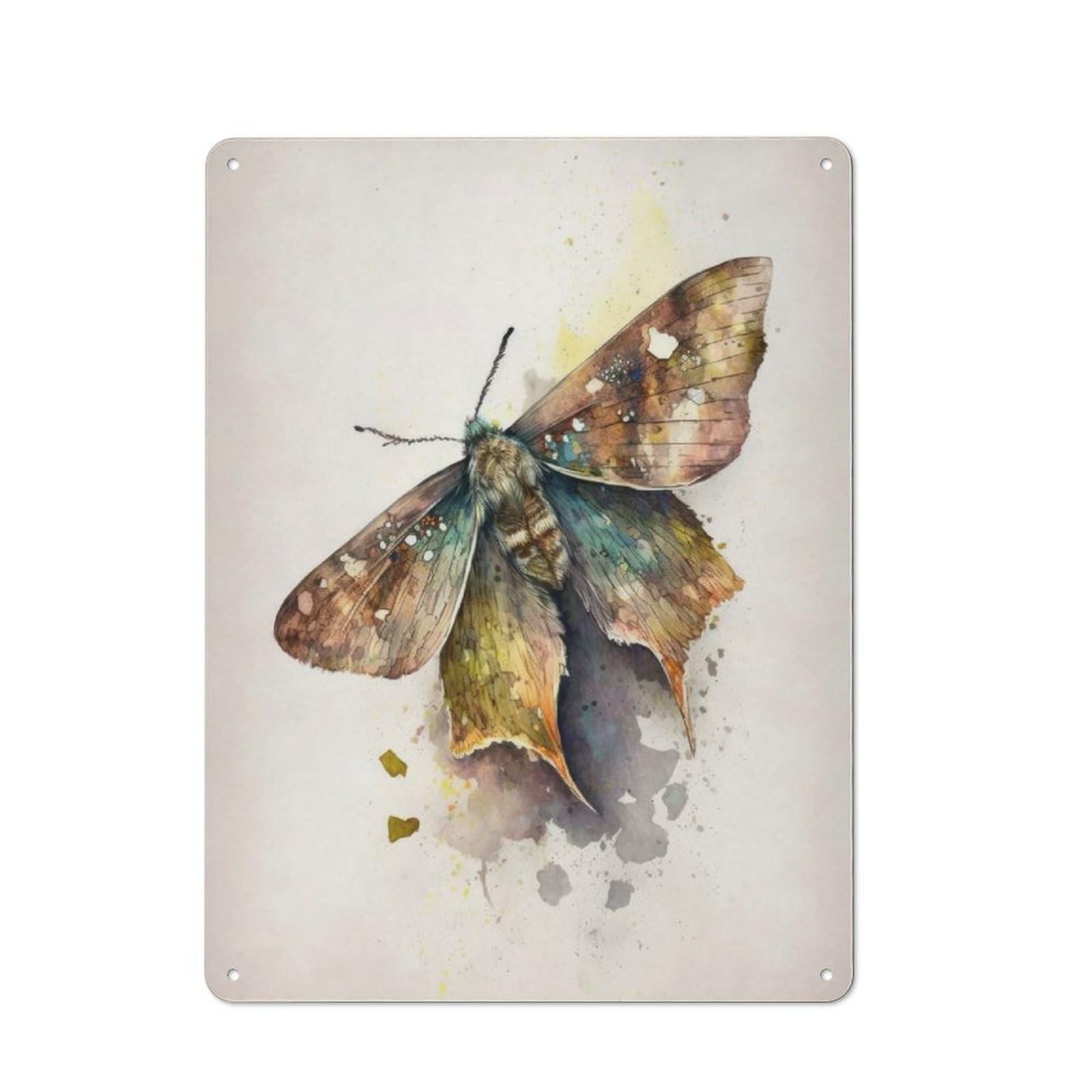 Junmoney Moth Watercolor Insect Tin Wall Plaque 40X30cm With For Home Office Or Studio, A New Home Present For Creative Workspace Decorators