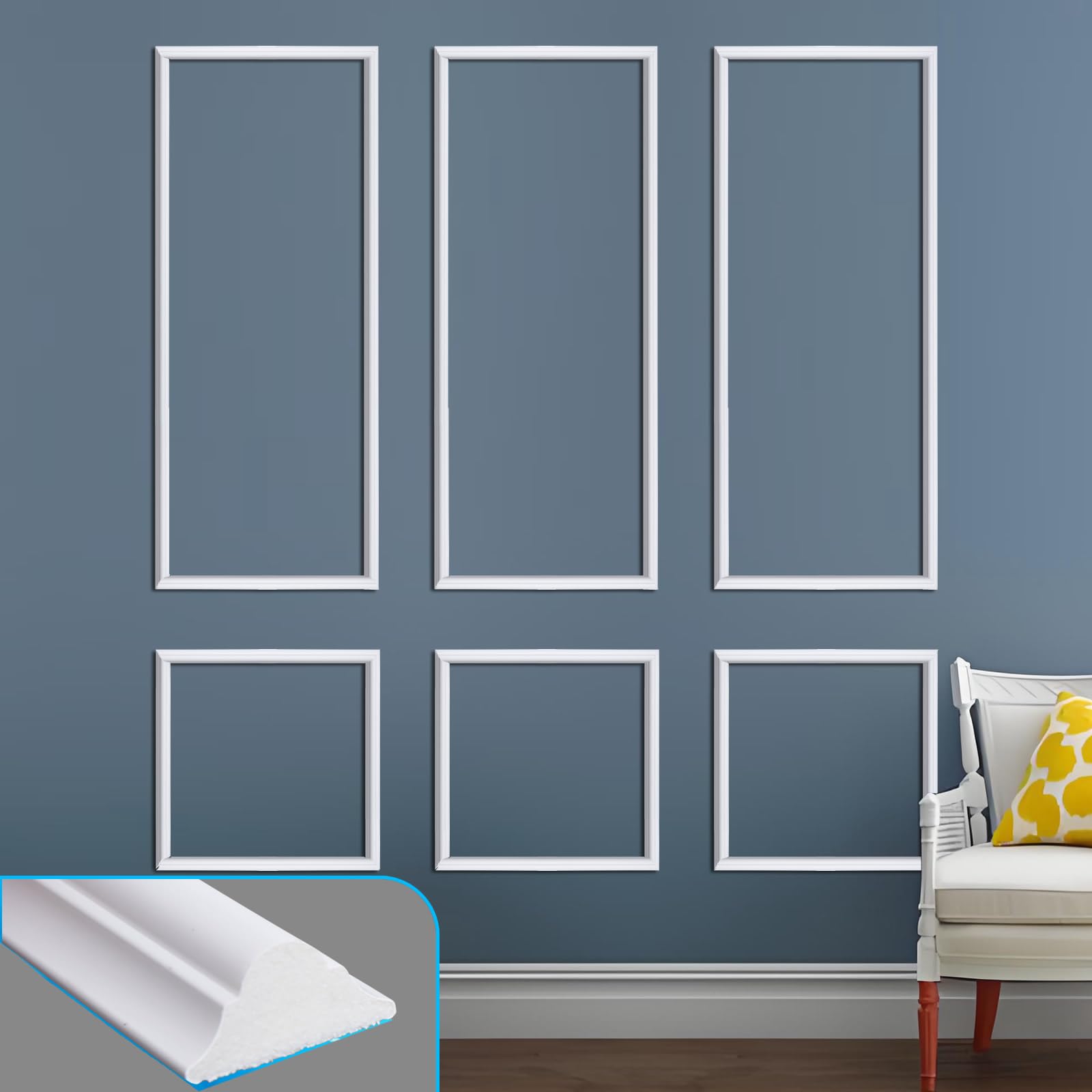 Premium Pre-Cut Wall Molding Kit Polystyrene Wainscoting Panels DIY Self-Adhesive 3D Accent Molding Trim Strips for Living Room, Bedroom, Hallway(3sets-56"×23"+ 3sets-23"×23")