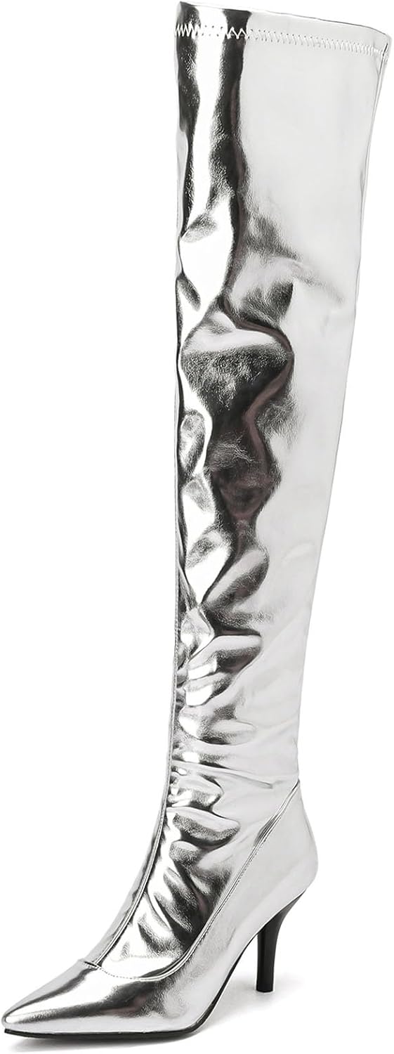Bellirala Thigh High Boots for Women Metallic Chunky Heels Over The Knee Boots Block Heeled Concert Disco Long Tall Boots