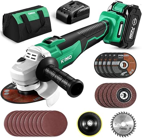 KIMO 20V Brushless Cordless Angle Grinder, 4-1/2 Inch, 9000RPM w/ 4.0Ah Lithium-Ion Battery & Fast Charger, 2-Position Adjustable Auxiliary Handle, Electric Brake, 5 Cutting Wheels, 5 Grinding Whe...