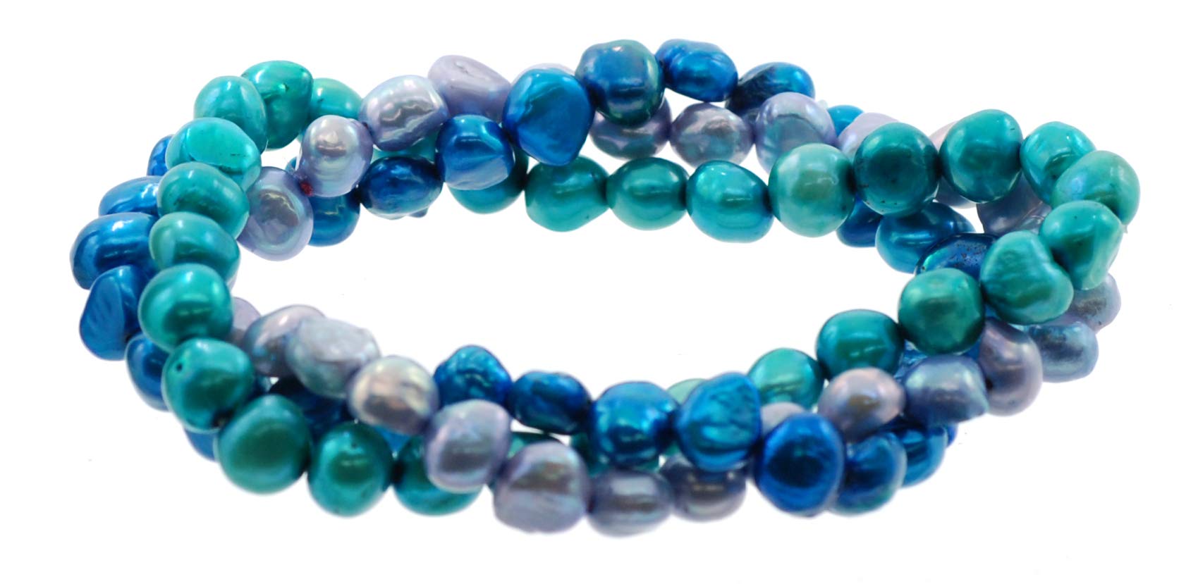 LTC Designs Set of 3 Dyed Genuine Baroque Cultured Freshwater 6.0-7.0mm Pearl Stretch Bracelets in Sea-blue Aqua Themed Colors for Women, Men, and Young Adults, June Birthstone