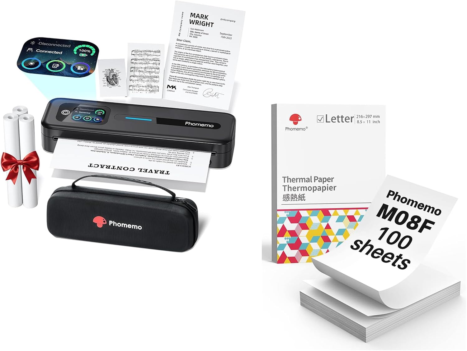 Phomemo M832D Bluetooth Portable Printers with a Case & 100 Sheets Folded Thermal Paper 8.5 x 11 Inch