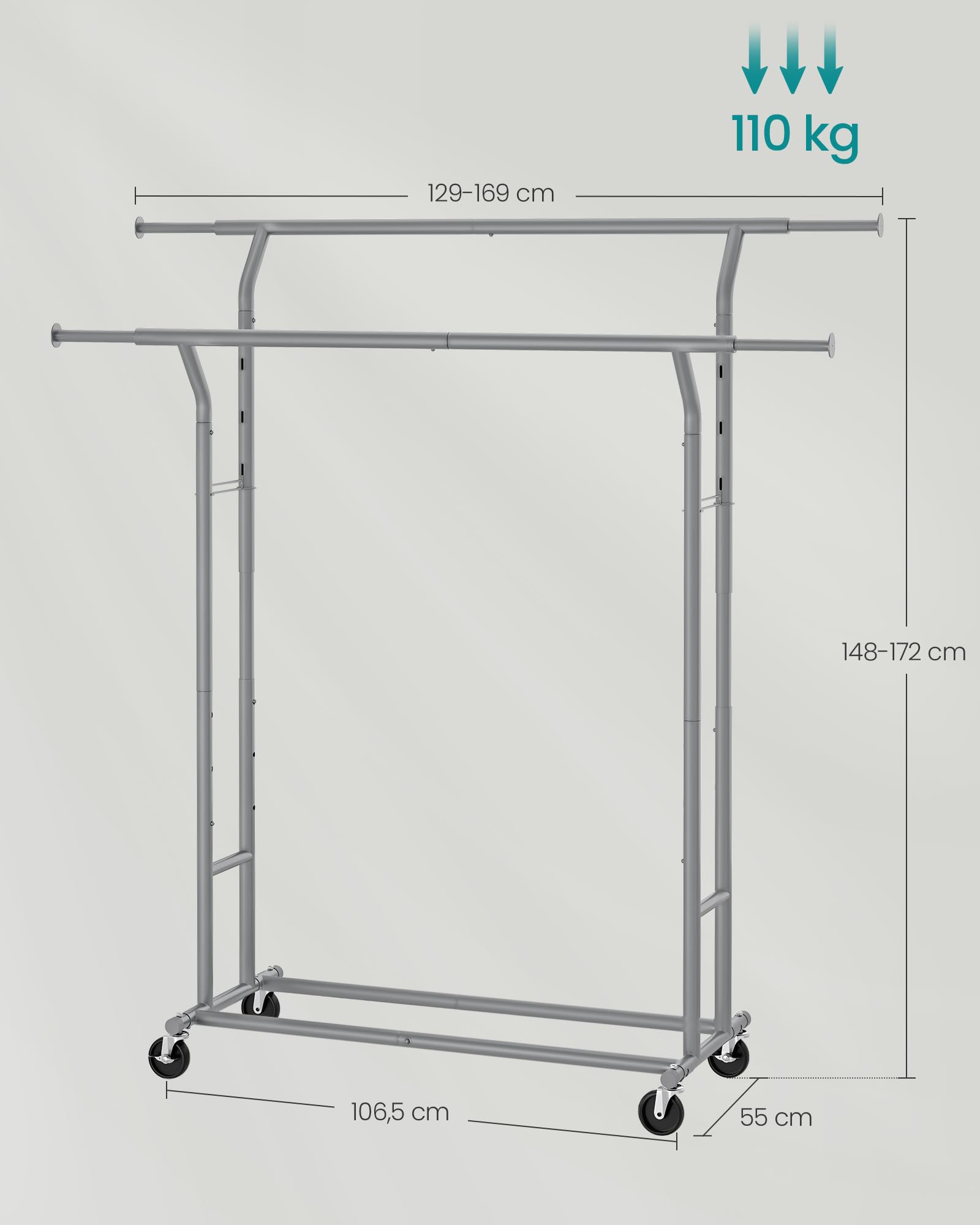 SONGMICS Stand Appendiabiti, Attaccapanni Estensibile con 4 Ruote, in Acciaio, Regolabile in Altezza e Larghezza, Grigio Tortora HSR012G01