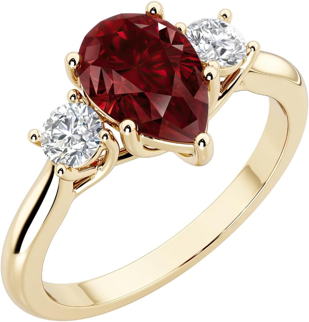 PEORA 3-Stone Pear Shape Shape Garnet and Lab Grown Diamond Trellis Ring 14K White or Yellow Gold, 1.80 Carats total, Sizes 4 to 10