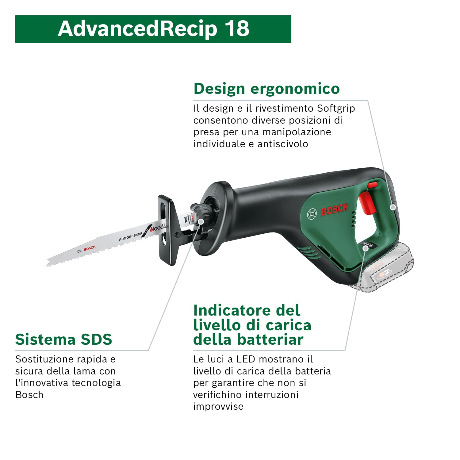 Bosch Home And Garden 06033B2402 Sega Universale Advancedrecip 18, Senza Batteria, Sistema Da 18 Volt, Confezione In Cartone, 18 V, Green
