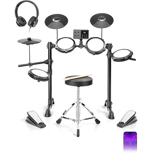 Ktaxon Electric Drum Set with USB MIDI, Type-C Charging, Built-in Metronome, Record & Headphone Mode, Electronic Drum Set with 150 Sounds, 64 Polyphony,10 Demos & 10 Kits for beginner(Compact)