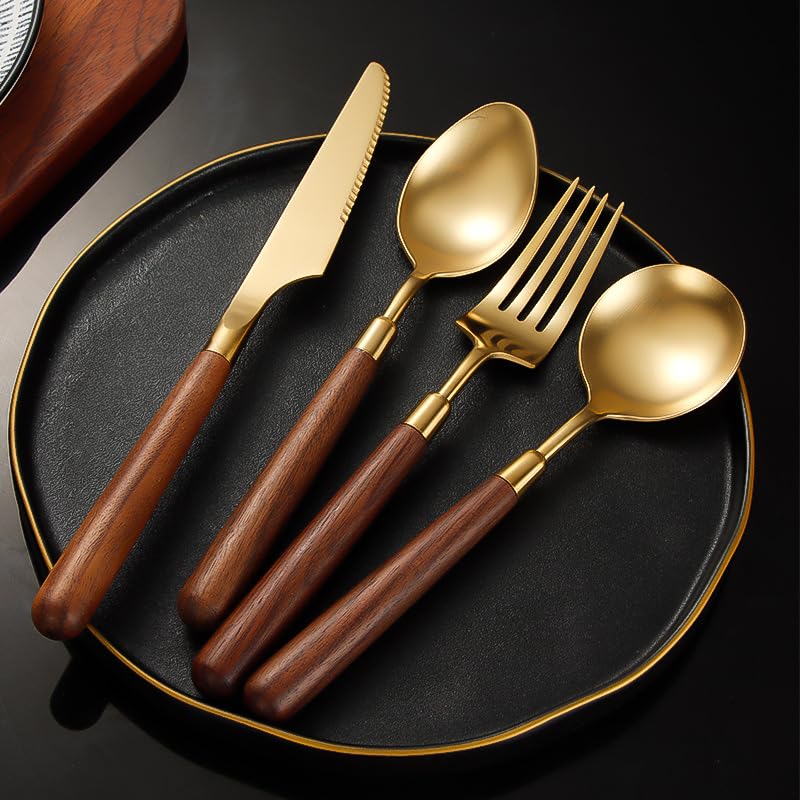 Ensemble de Couverts, 4/16/24/32 pièces, Manche en Bois, Acier Inoxydable 304, Couteau à Steak, Fourchette et cuillère, Service de Table pour Restaurant et Usage Domestique, argenté - 4 ense