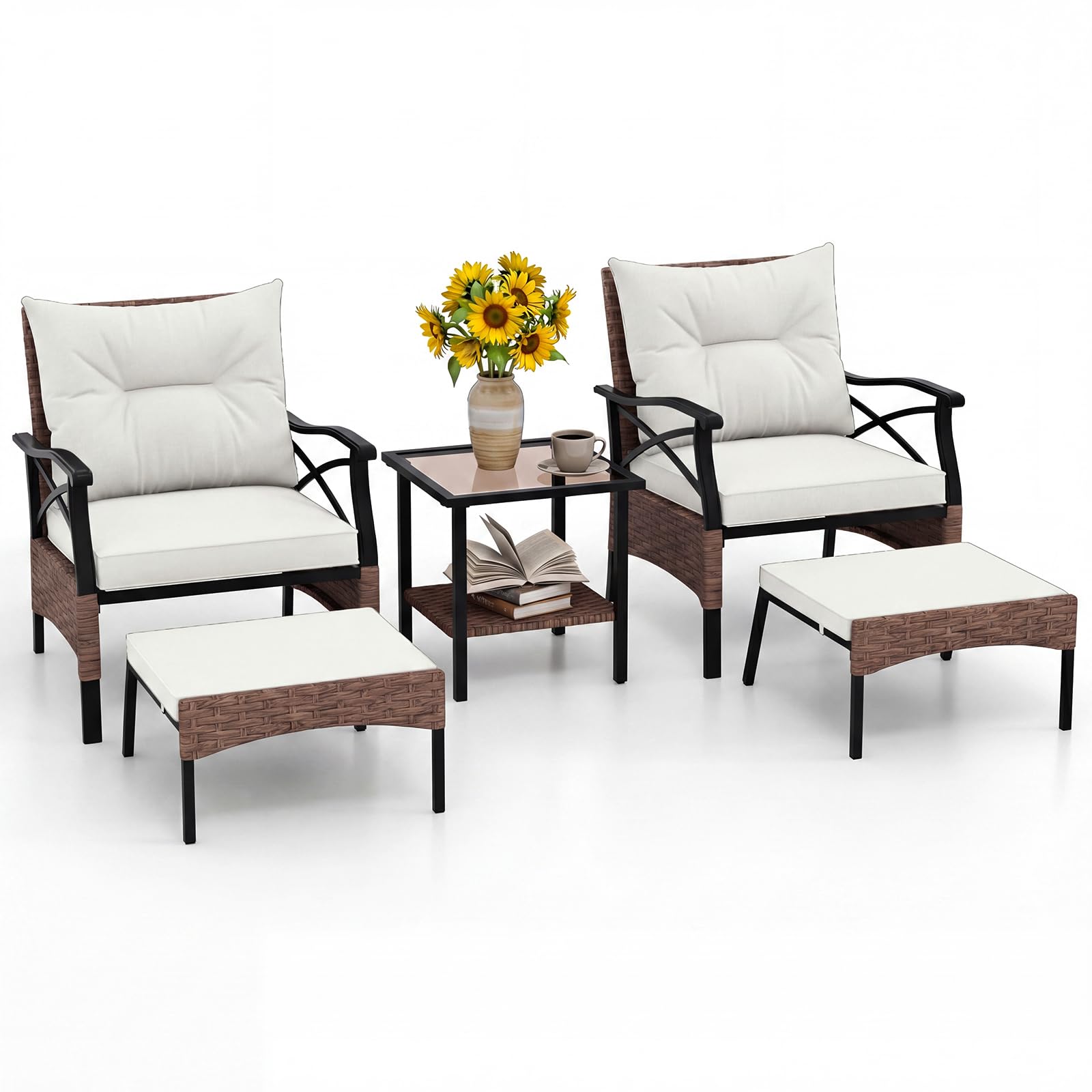 GIANTEX Conjunto Muebles Jardín Exterior de Ratán 5 Piezas, 2 Sillones, 2 Otomanas y Mesa de Vidrio, Cojines Extraíbles, para 2-4 Personas, Juego de Conversación para Patio Terraza (Marrón+Beige)