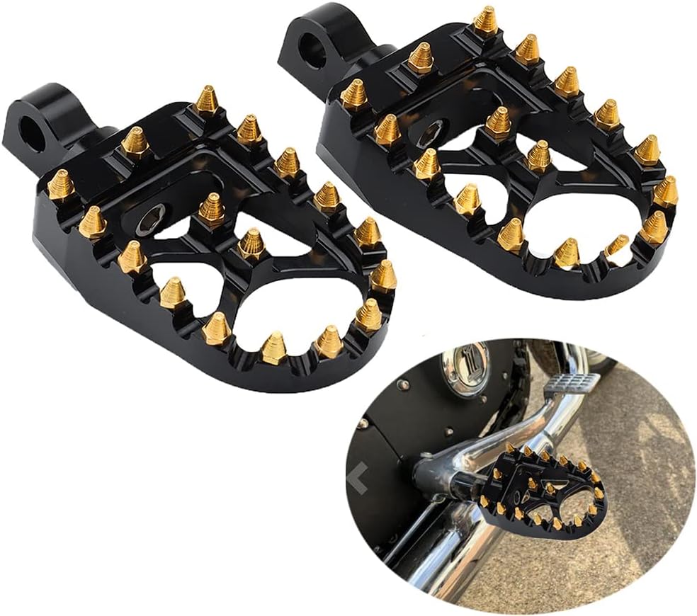 Lingdu MX Offroad Wide Foot Pegs Footrest Golden Spike Chopper Bobber Pedals for Dyna Street Bob Sportster 883 Softail Fatboy Touring Street Glide, Black Gold