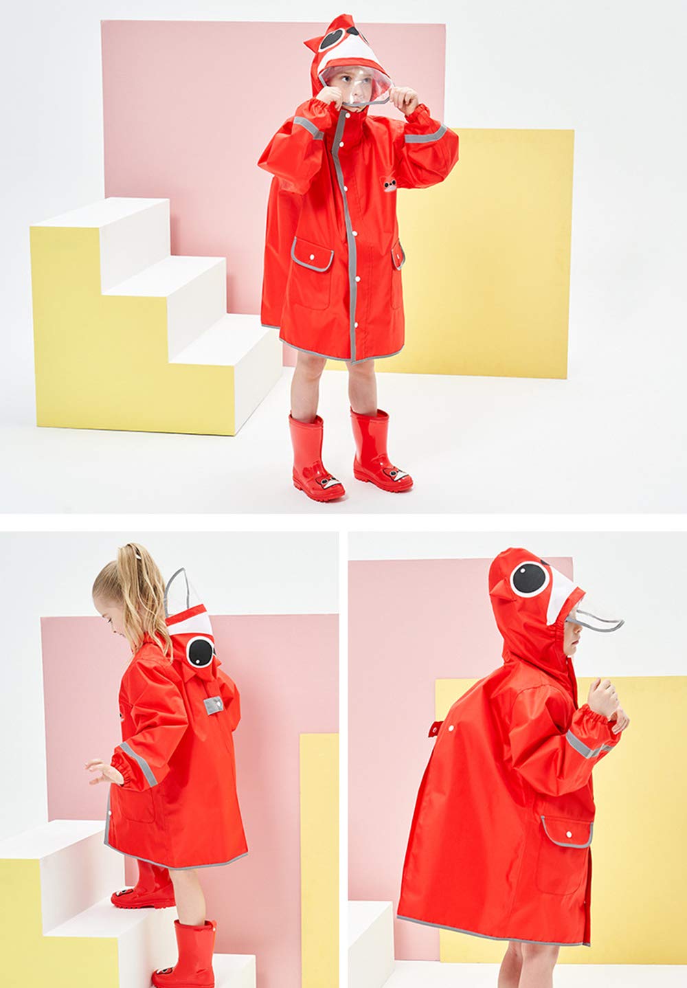 Kids Rain Poncho Toddler Boys Girls Cute Dinosaur Raccoon Cat Shape Waterproof Jacket for Age 2-10 Red