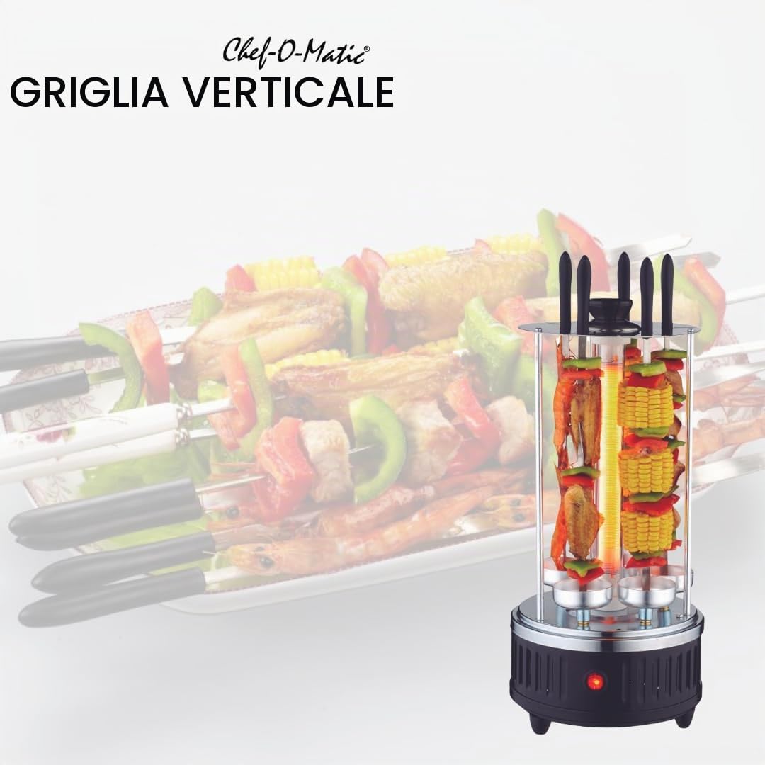 Vertical Grill, Griglia verticale senza olio e grasso,1000W, capacità di 6 spiedini, Rotazione automatica a 360°, facile da pulire, barbecue, ideale per spiedini alla griglia, kebab