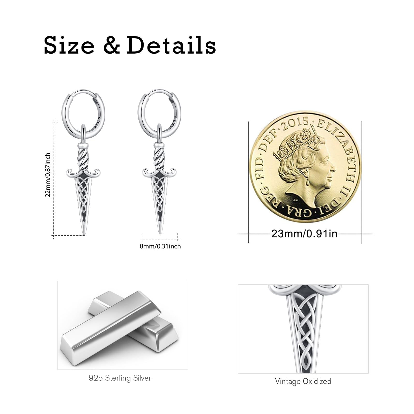 REDSUN Pendientes de aro vikingos con punta de flecha de plata de ley 925, pendientes ViKing Huggie, gota celta, joyería nórdica para hombre, mujer, unisex, regalo para hijo, ca. 22 × 8 mm, Plata de