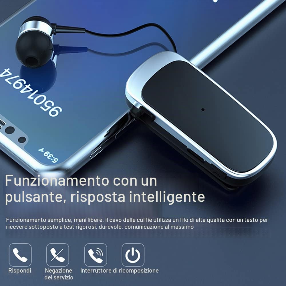 Leepesx Cuffie BT, Auricolari BT Senza Filo con Microfono-Fili Retrattile Cuffie-Auricolari con Cancellazione del Rumore,Design con Clip per Colletto-5 Ore di Conversazione Continua