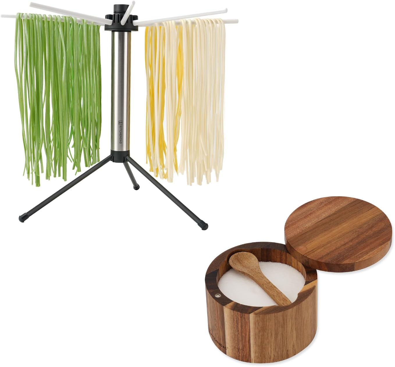 KITCHENDAO Collapsible Pasta Drying Rack and Acacia Wood Salt Cellar Bowl Box with Built-in Spoon to avoid Dust