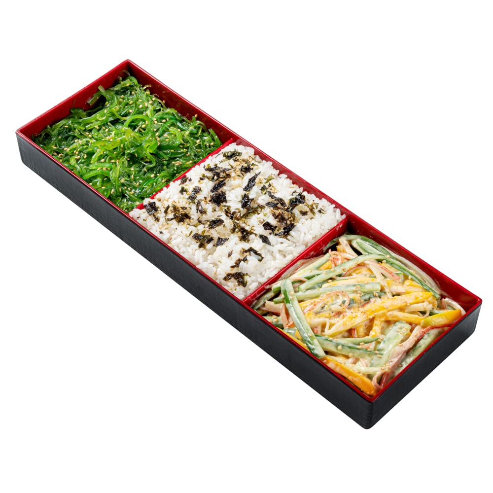 Restaurantware Bento Tek 14 x 9.1 x 2 Inch Compartment Lunch Plates 1 Japanese Style Adult Lunch Plate - With 5 Compartments Reusable Black & Red Plastic Separated Meal Plate For Hot & Cold Food