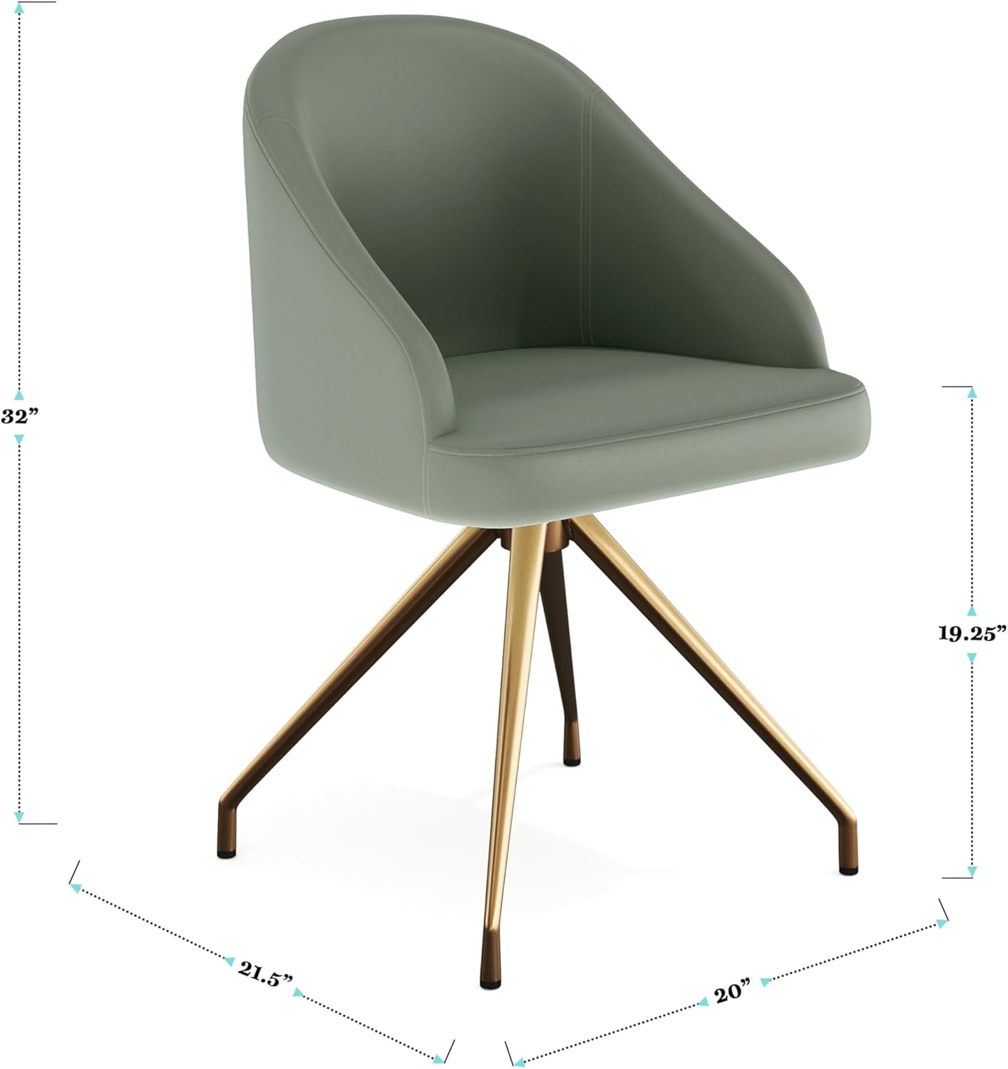 Martha Stewart Sora Stationary Swivel Task Chair with Sloped Arms for Home Office in Sage Faux Leather with Polished Brass Frame