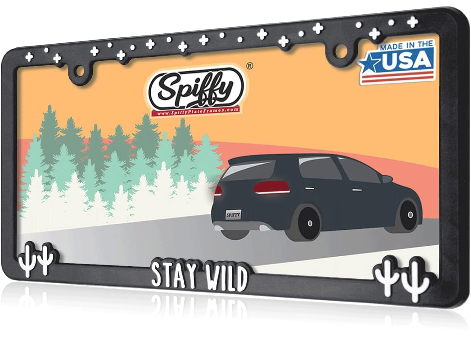 Spiffy Stay Wild License Plate Frame | Floral Car Accessories for Women | Country Girl License Plate Holder | Boho Hippie Aesthetic Retro License Plate Bracket | Made in The USA (Cactus and Stars)