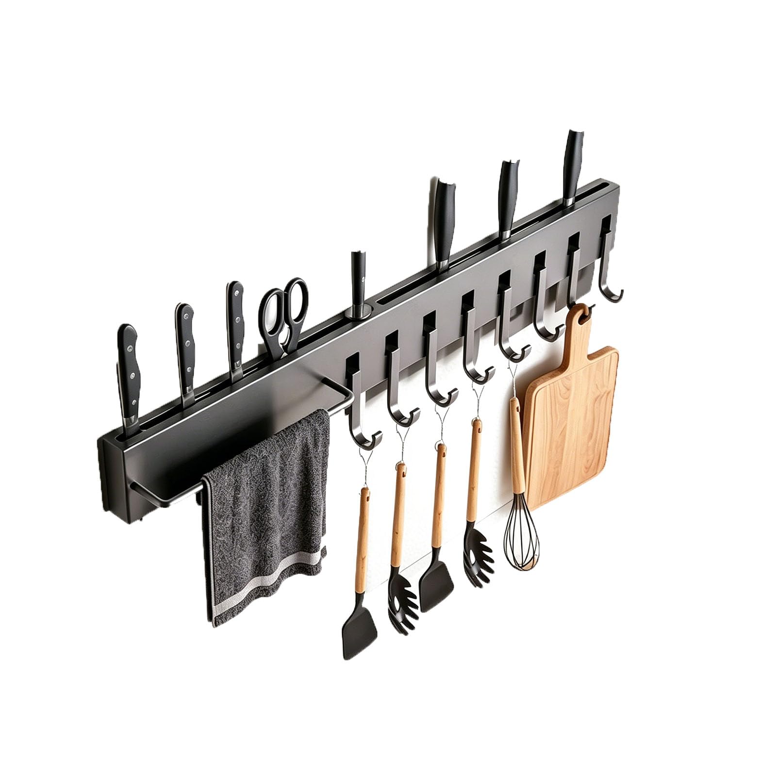 TBATM Kitchen Wall Organizer Rack with Knife Storage, Utensil Hanging Hooks, Cutlery Slot, Multifunctional Wall Mounted Holder for Kitchen Knives, Cooking Tools, Spoons and Forks,50cm