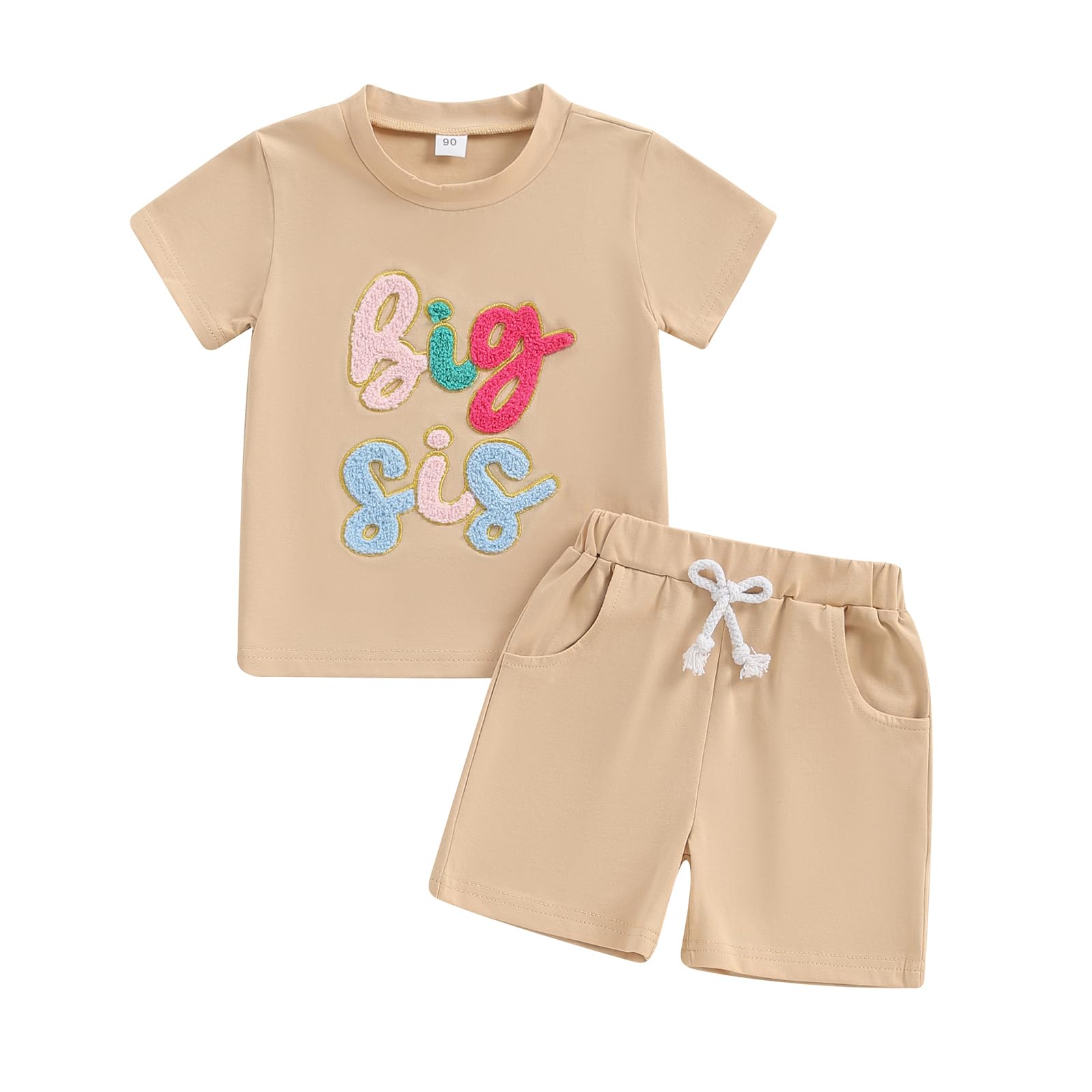 VISGOGO Big Little Sister Matching Set Toddler Baby Girl Summer Clothes Infant Girl Short Sleeve T Shirt Outfits Shorts (Khaki-Big sis, 2-3 Years)