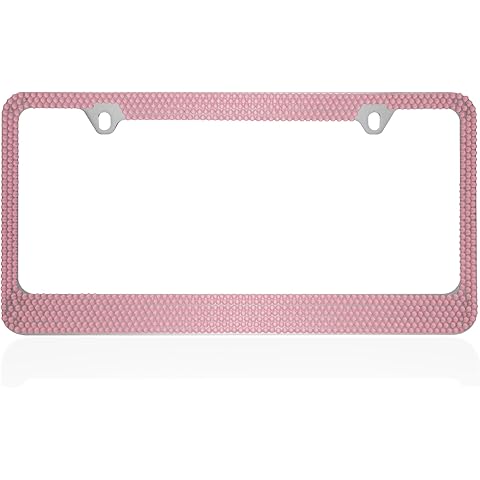 BDK Stainless Steel Pink Sparkly Sparkling Diamond Crystal Bling Premium License Plate Frame Metal Silver Rhinestone for Women Universal Size for Car Truck SUV