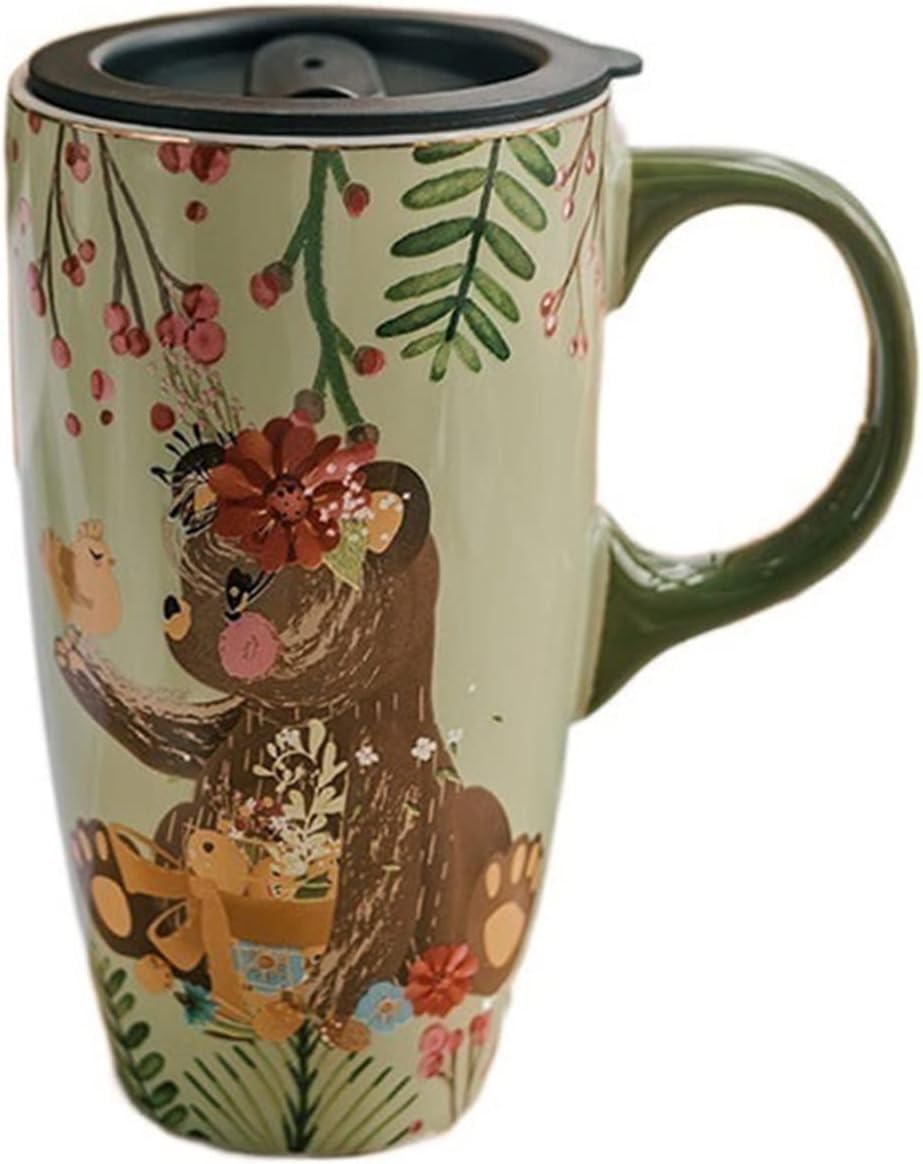 Taza de café de 550 ml, Taza de cerámica de Gran Capacidad, Hermosa Taza de Desayuno con Tapa, Taza para Beber para el hogar o la Oficina con Cuchara, Taza de té