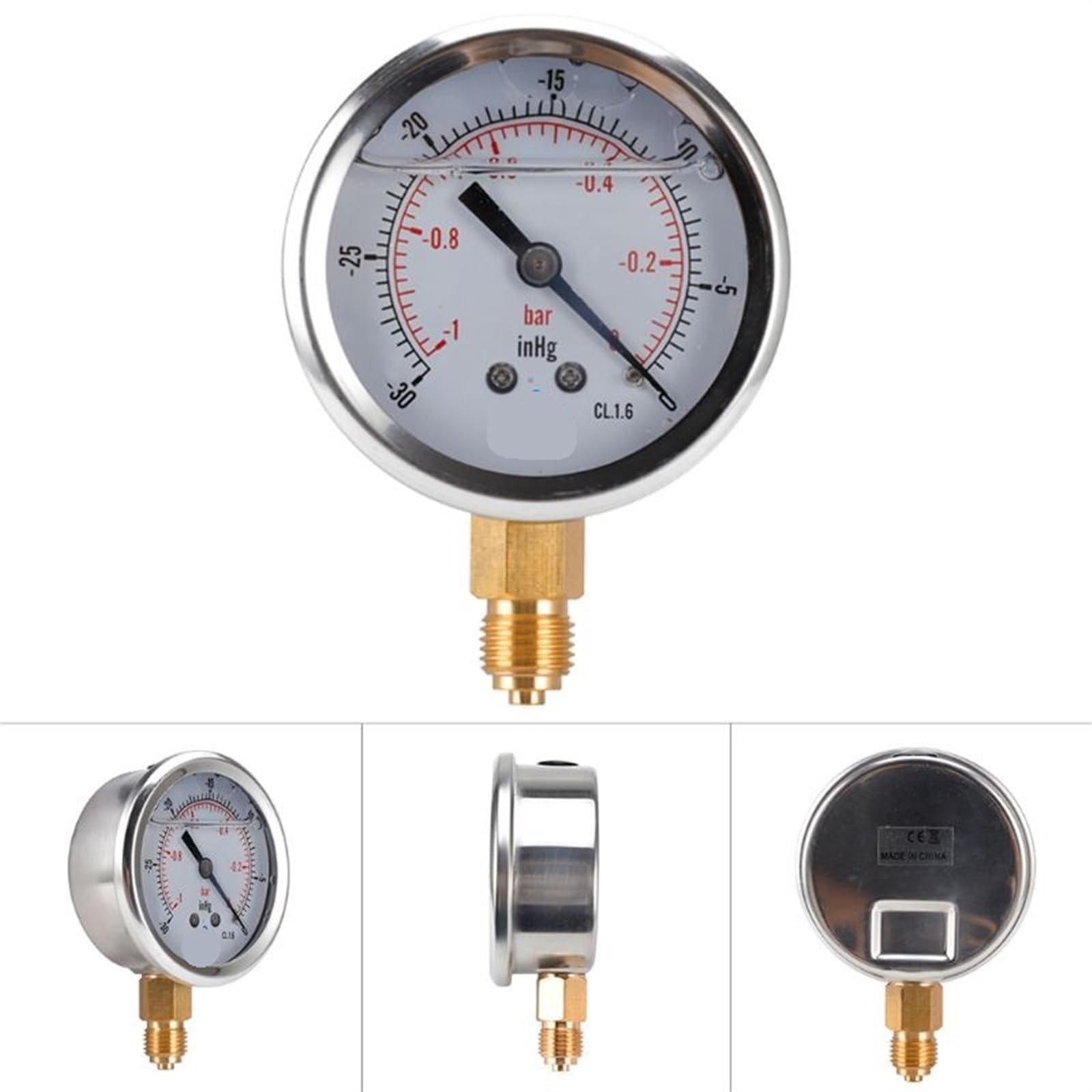 Manómetro de vacío compuesto de fondo de 1/4 con relleno de glicerina de 68 mm -1/+10 bar y -30-150 inhg/psi, 1 unidad(0bar)