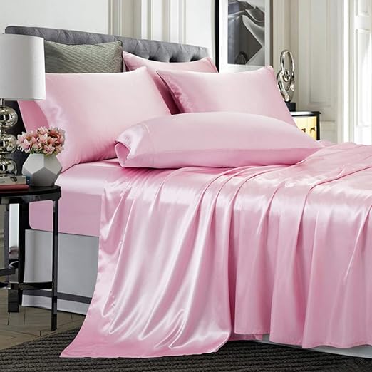 TREELY 6 Piece Satin Sheets Full Size Silky Smooth Pink