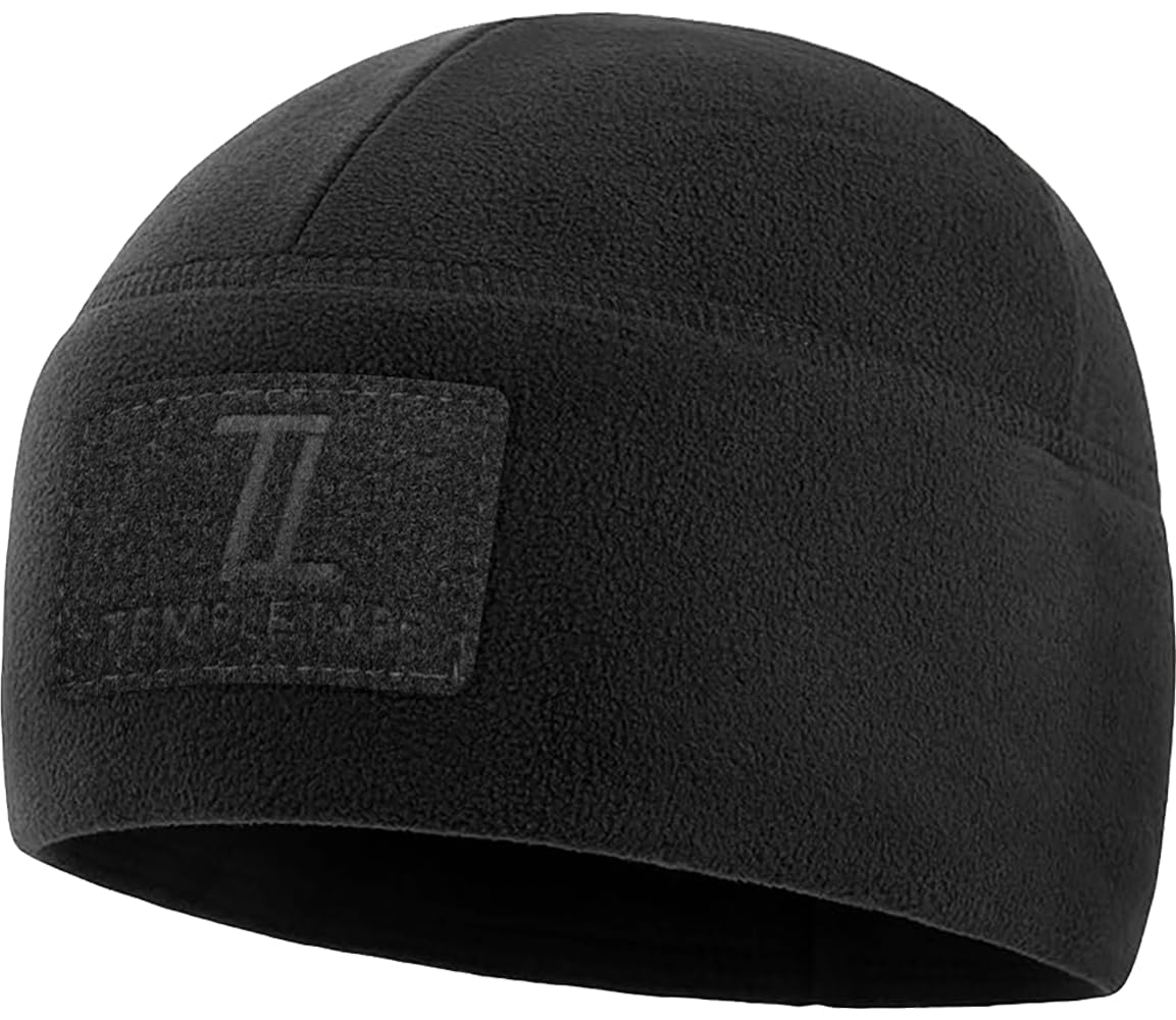 Temple Tape Tactical Beanie Hat - Front & Back Patch Panel - Multi Season Military Hats for Men - Mens Patch Army Beanies, Black, One Size