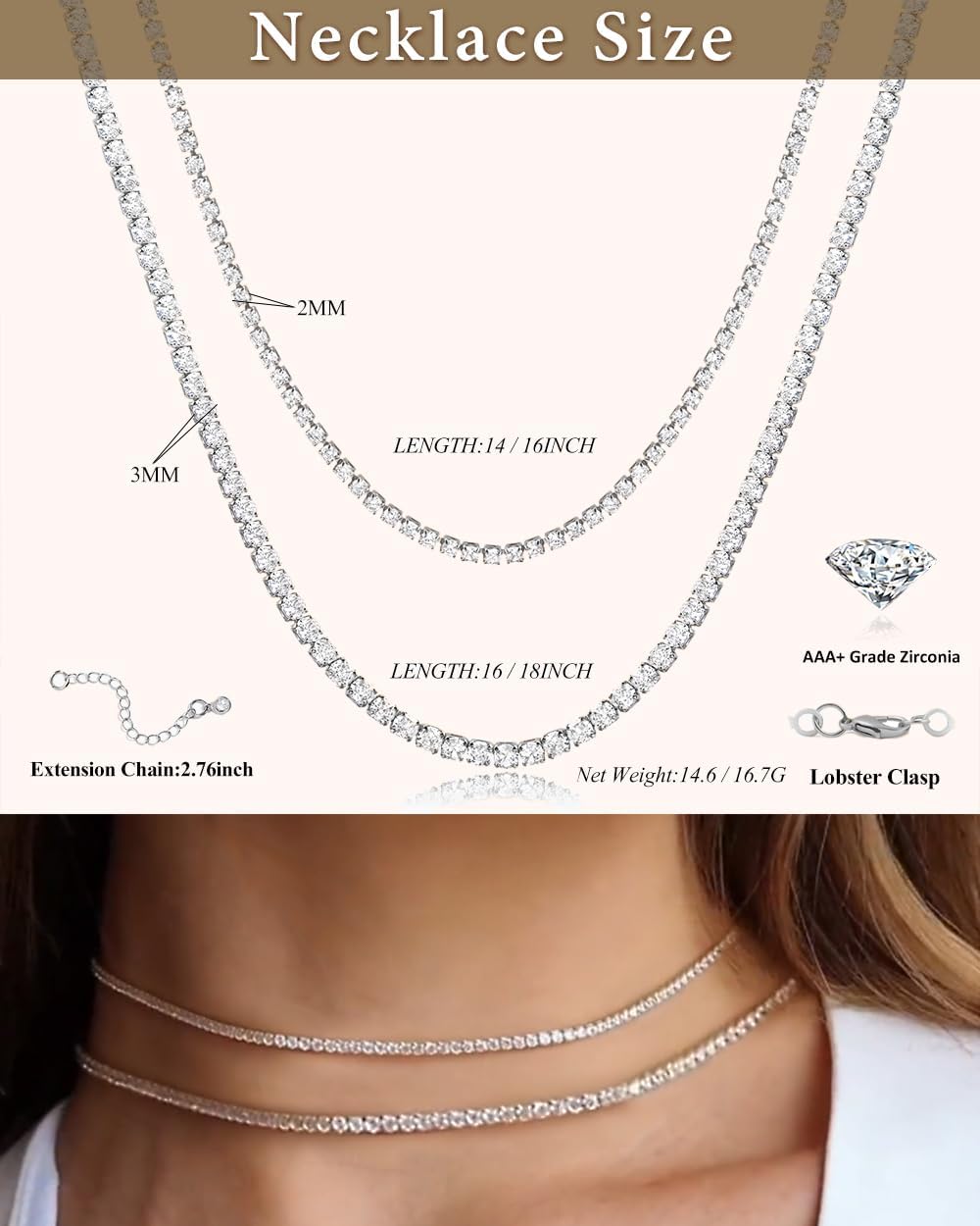 Double Layer Tennis Necklaces for Women - Dainty Gold and Silver CZ Tennis Necklace Simple Tennis Chain Sparkly CZ Choker Necklaces for Women Trendy Silver Jewelry - Image 6