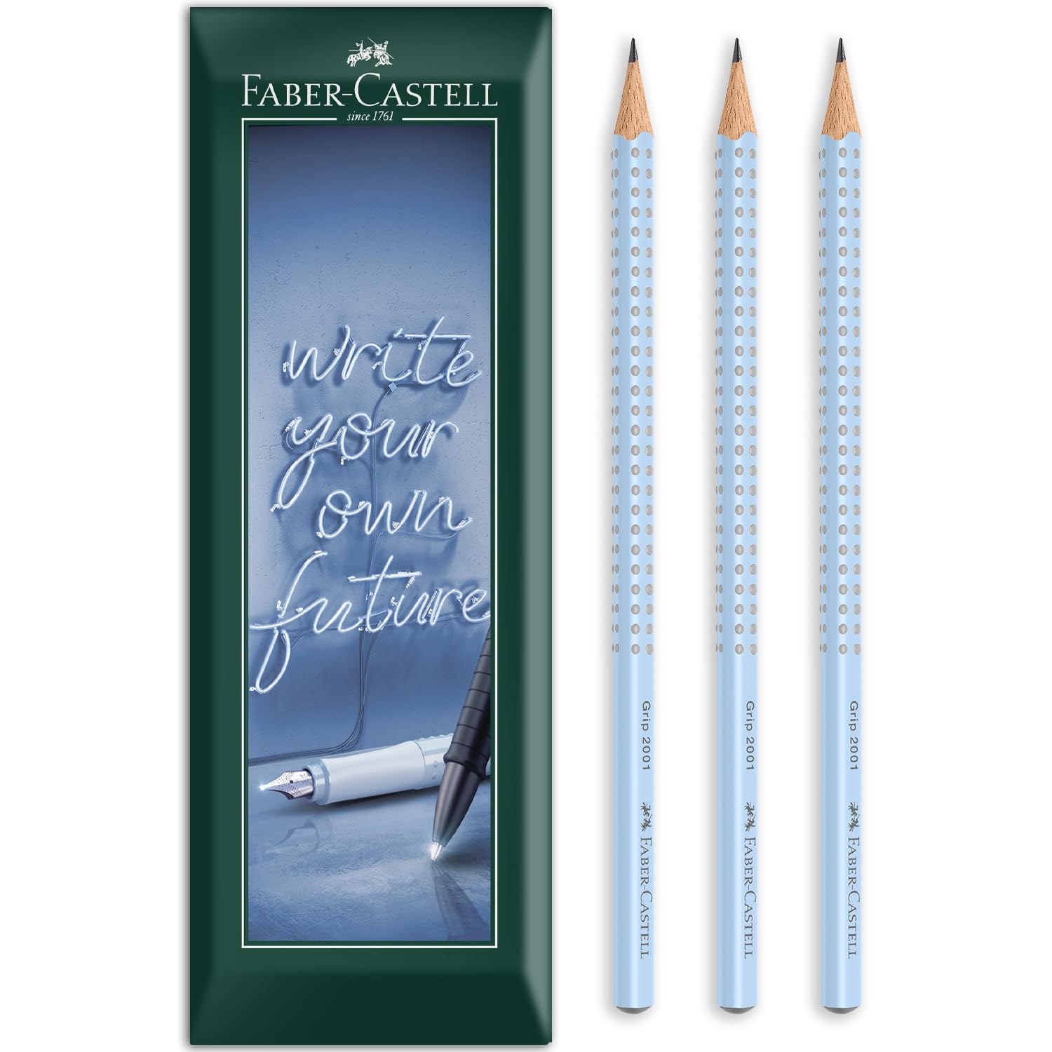 Faber-Castell Grip 2001 Triangular Graphite Pencil - B Grade Lead - Envelope Gift Pack of 3 Pencils (Sky Blue)