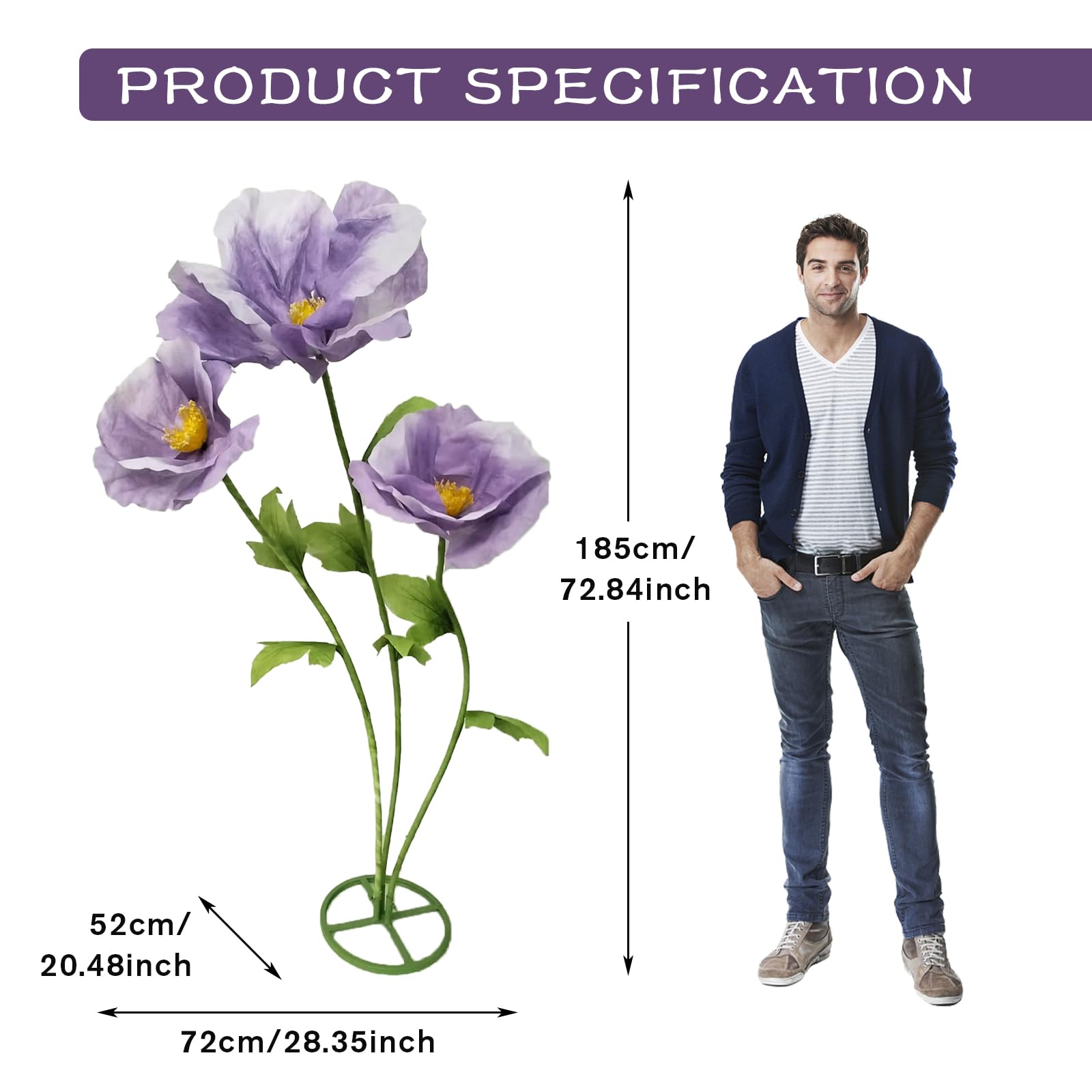 Condition photo showing New/Like New for 3pcs purple giant artificial flower 3d realistic flowers made of waterproof paper durable easy maintenance perfect for home garden weddings hotel events christmas graduation party decorations