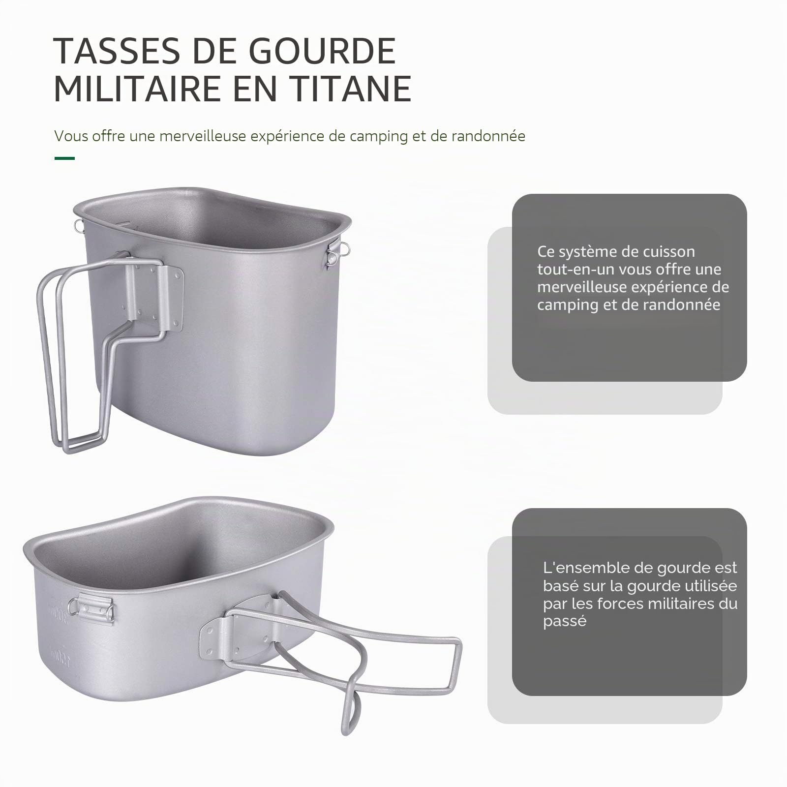 iBasingo Gourde Militaire en Titane 700ml avec Gamelle 400ml | Ensemble de Survie Camping Randonnée | Bouteille 1100ml et Sac de Transport Ti2049C
