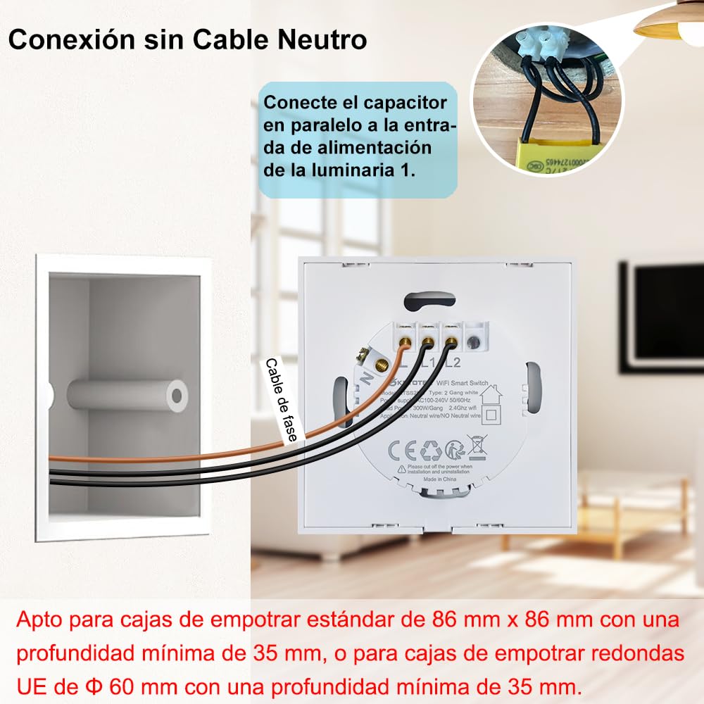 KETOTEK Interruptor Tactil WIFI Inteligente 2 Gang 1 Via Compatible con Alexa, Interruptor Luz Pared Smart Life Tuya App Control Blanco