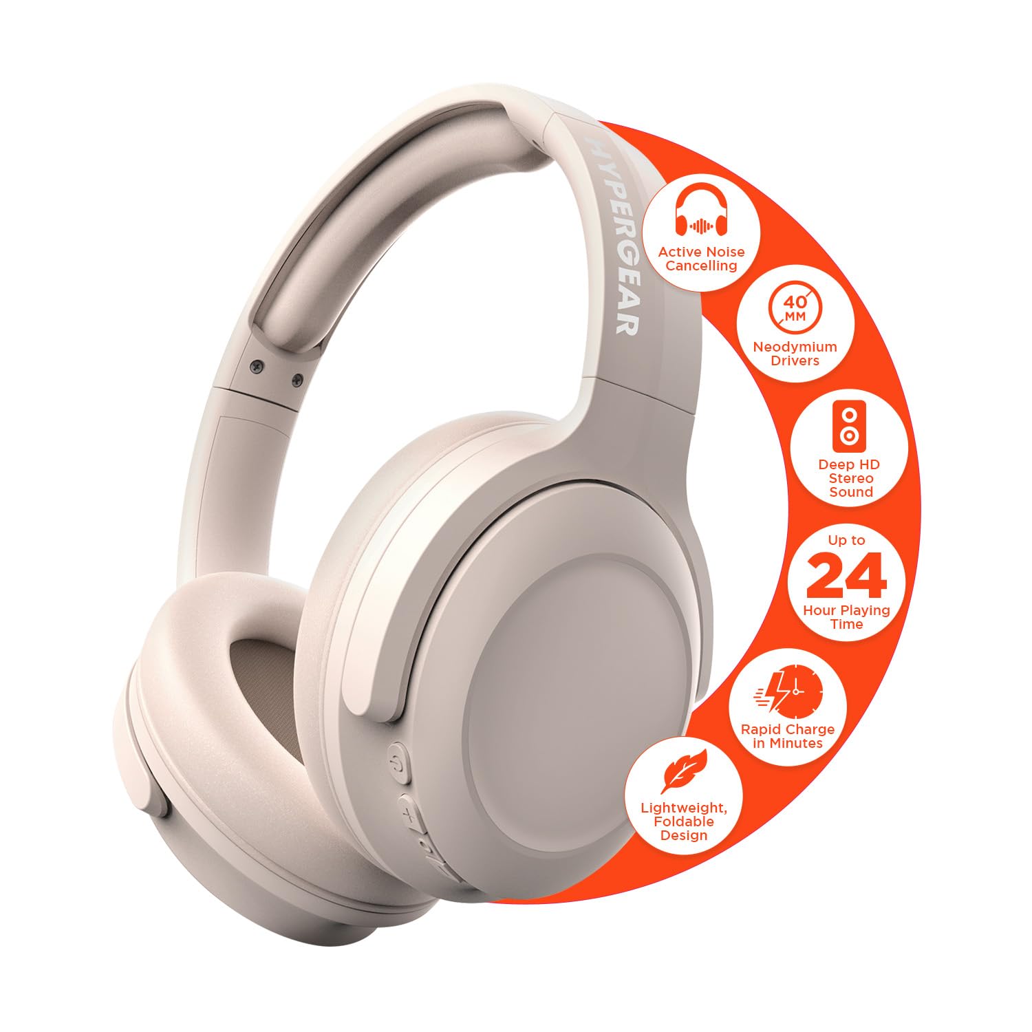 HyperGear Headphones Wireless - Bone Active Noise Cancelling Headphones Over Ear Bluetooth HD Audio Deep Bass Dual Noise Canceling Mics ANC Gym