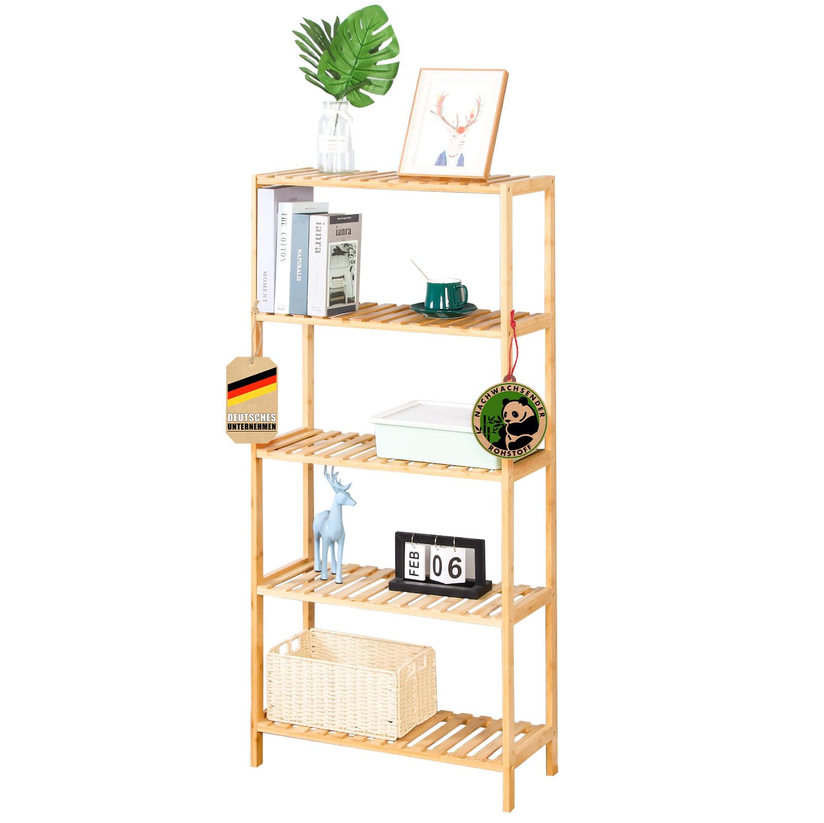 Floordirekt Bambus Regal, schmales Standregal für Badezimmer, Schlafzimmer, Wohnzimmer, Holzregal mit 5 Etagen, Regal Größe 60 x 26 x 130 cm (Ohio)
