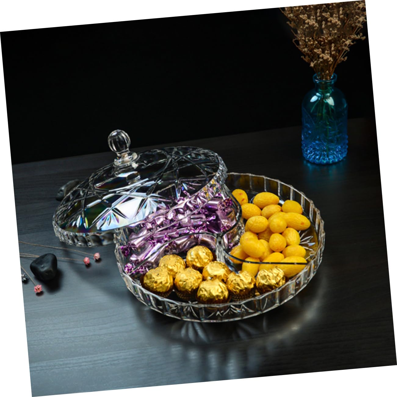 Mikikit Caja de Aperitivos Redonda de Acrílico con 3 Compartimentos, Ligera y Práctica para Nueces y Frutas, Adecuado para Fiestas Ocio