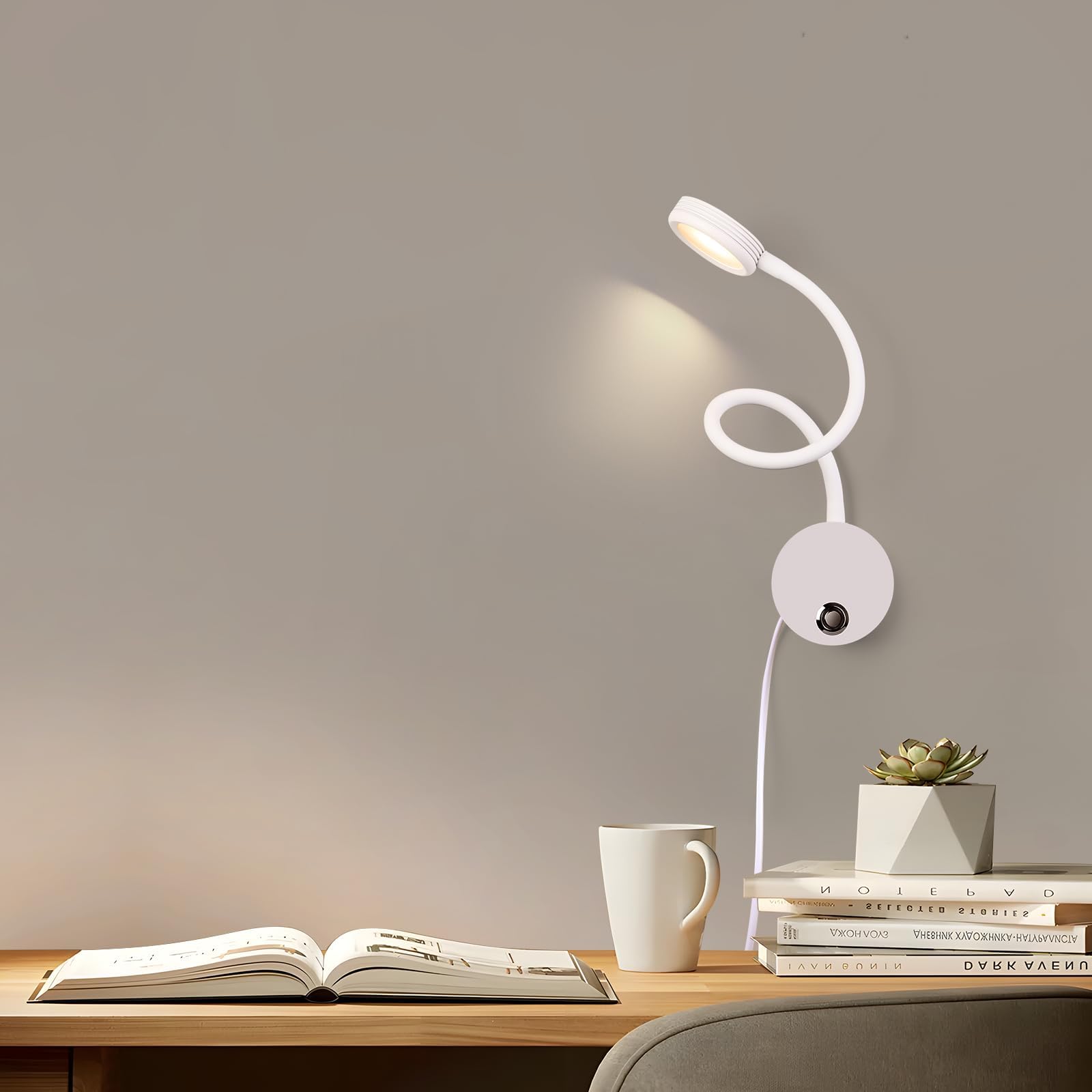 ERWEY 2 Stück LED Leselampe Wandmontage, Wandleuchte mit Touch-Dimmer (3000-6000K), 4W Bettlampe mit 360° Flexiblem Schwanenhals und USB-Ladeanschluss für Bett, Schlafzimmer (Weiß)