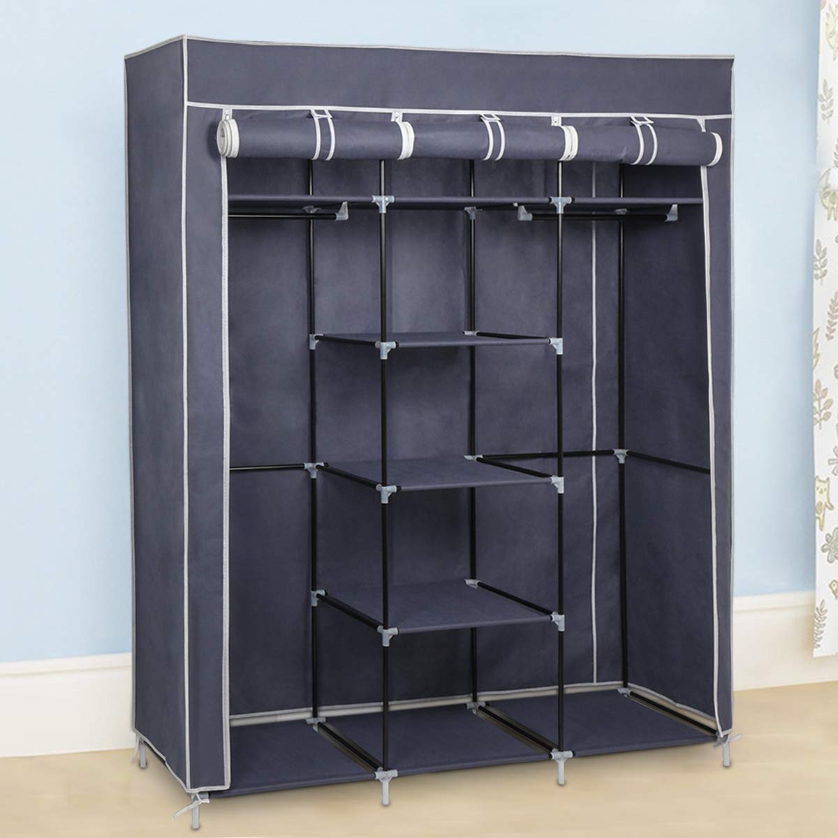 Mondeer Stoffschrank für Schlafzimmer, Kleiderschrank, zusammenklappbar, mit sechs Reißverschlüssen und DREI Türen, schneller Zugriff, 175 x 150 x 45 cm, großes Stauraum, Grau