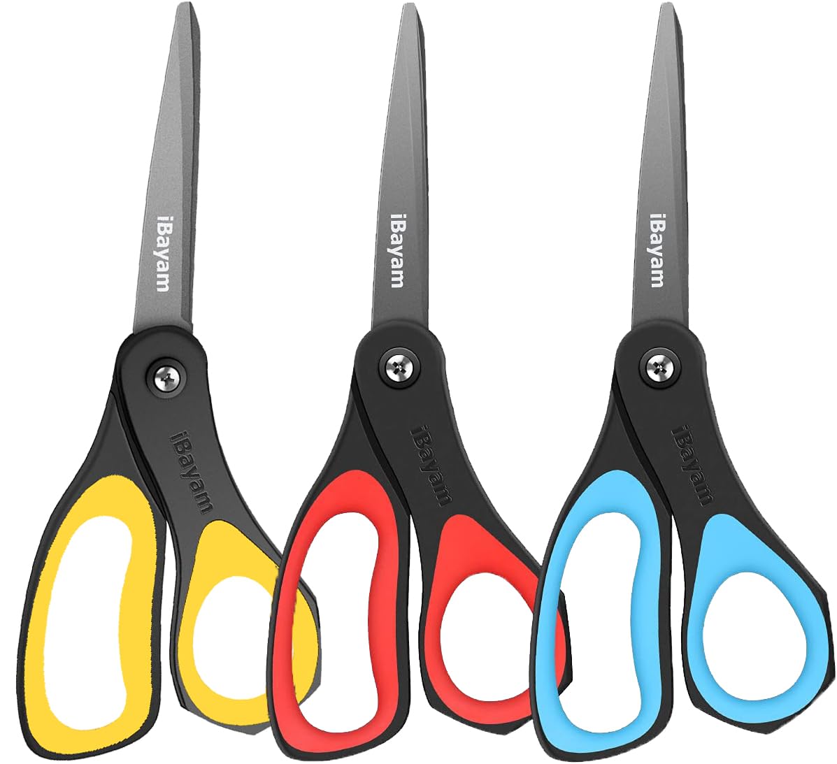 iBayam Scissors, 3 Pack 8" All Purpose Nonstick Scissors, 2.5MM Thickness Titanium Blades with Comfort Grip, Heavy Duty Scissors for Office School Home Classroom General Use Art and Craft DIY Supplies