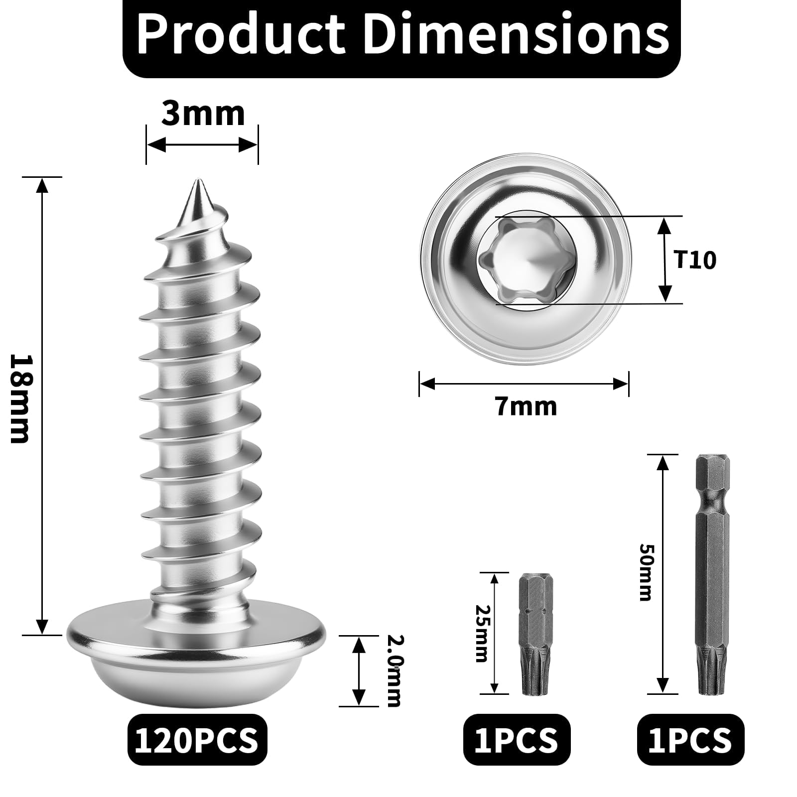 120 sztuk wkrętów blachowych ze stali nierdzewnej M3 x 18 mm, łeb talerzowy, wkręty do drewna, Torx A2, V2A, wkręty samogwintujące, pełny gwint, śruby z łbem płaskim z bitem, śruby z łbem