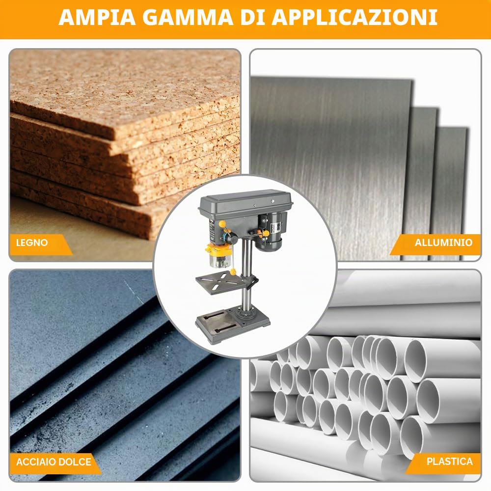 Hoteche Trapano da tavolo con supporto da 500 W, 230 V, 9 velocità da 280 a 2350 giri/min, diametro massimo di foratura 16 mm, 50 mm, distanza mandrino MT2, ideale per lavori di perforazione precisi,