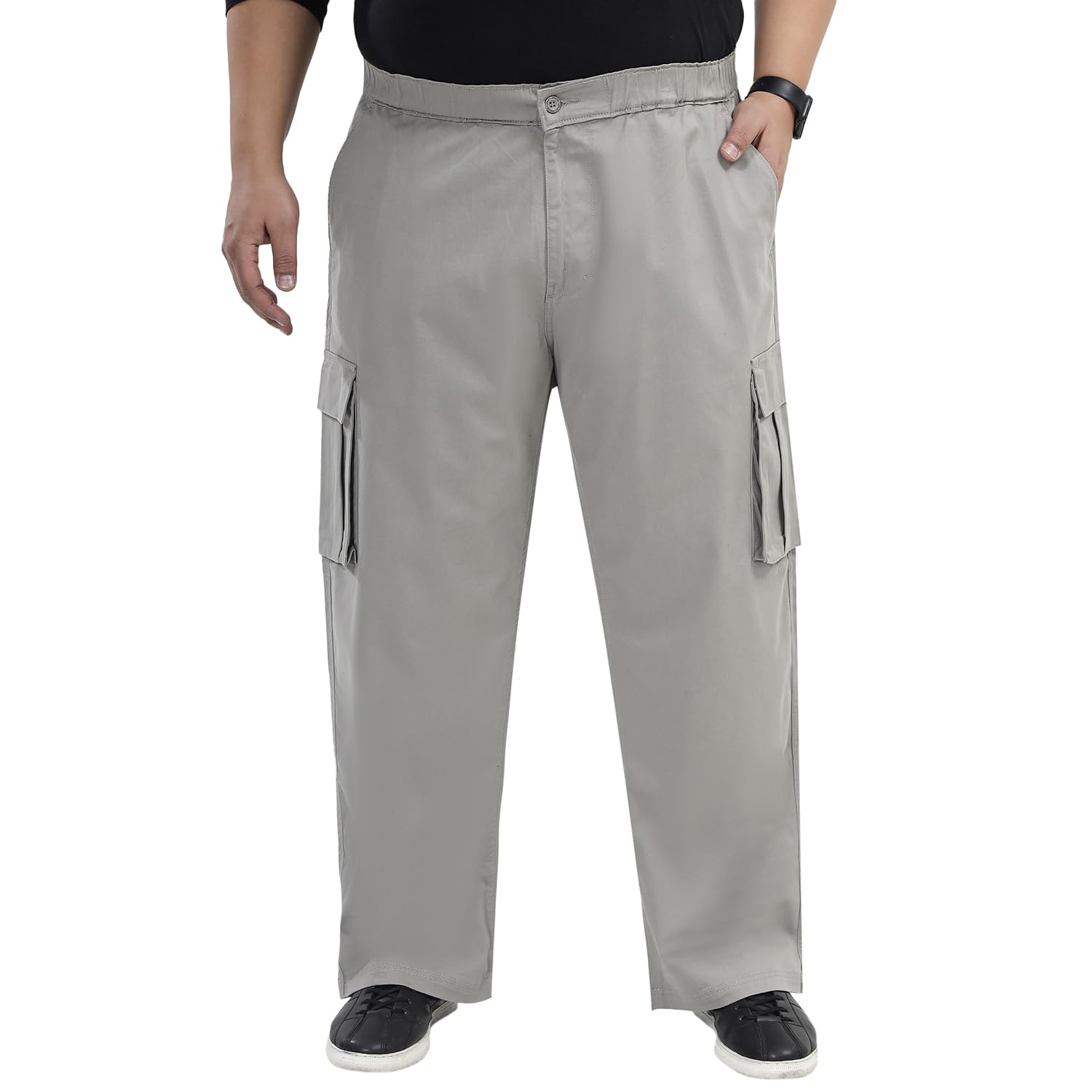 Plus Size Men Mid-Rise Elasticated Waistband Grey Cargo Styles Wide Leg Trouser (JPCR23001_Grey)-image-6