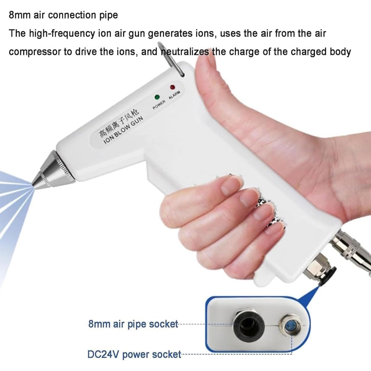 Pistola de aire ionizante antiestática, eliminador estático de mano con conector de aire de 8 mm y boquilla extraíble para un control estático industrial eficaz