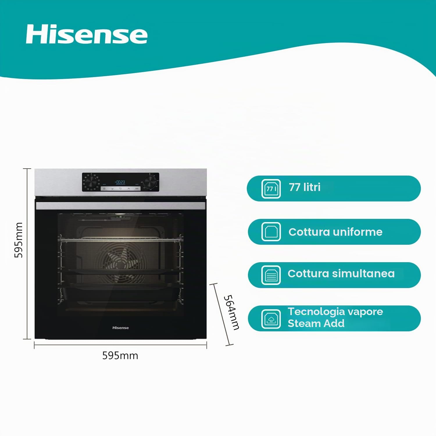 Hisense BSA65211CX Forno multifunzione con vapore e funzione friggitrice ad aria senza olio, capacità 77 l, cottura simultanea a 5 livelli, ventilatore XXL, pizza mode 300°, porte rimovibili, inox