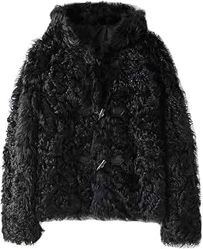 Men's Hooded Fur Jacket Black Spain Imported Sheepskin Shearling