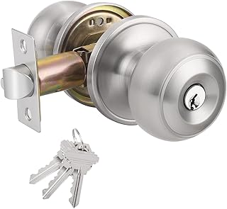 Probrico Keyed Same Entry Door Knob with Key Stainless Steel Exterior Door Handle Round Security Lock Set Brushed Nickel
