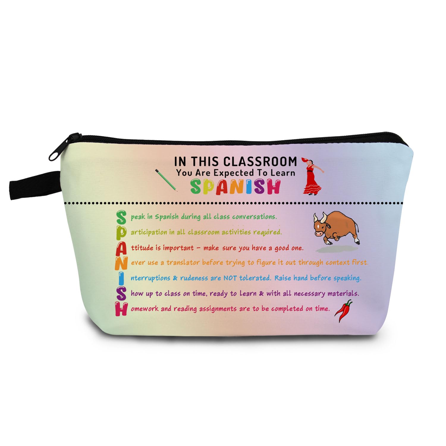 YULUENZE Spanish Teacher Present Spanish Language Makeup Bag Organizer Accessories Zipper Pouch Spanish Classroom Inspiring Present Cosmetic Bag for